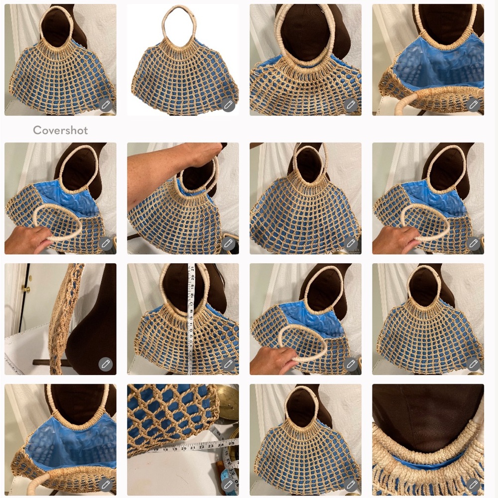Boho Woven Purse Shopping Tote Lined With Blue Plastic Beach Tote Macrame Look - Picture 3 of 16